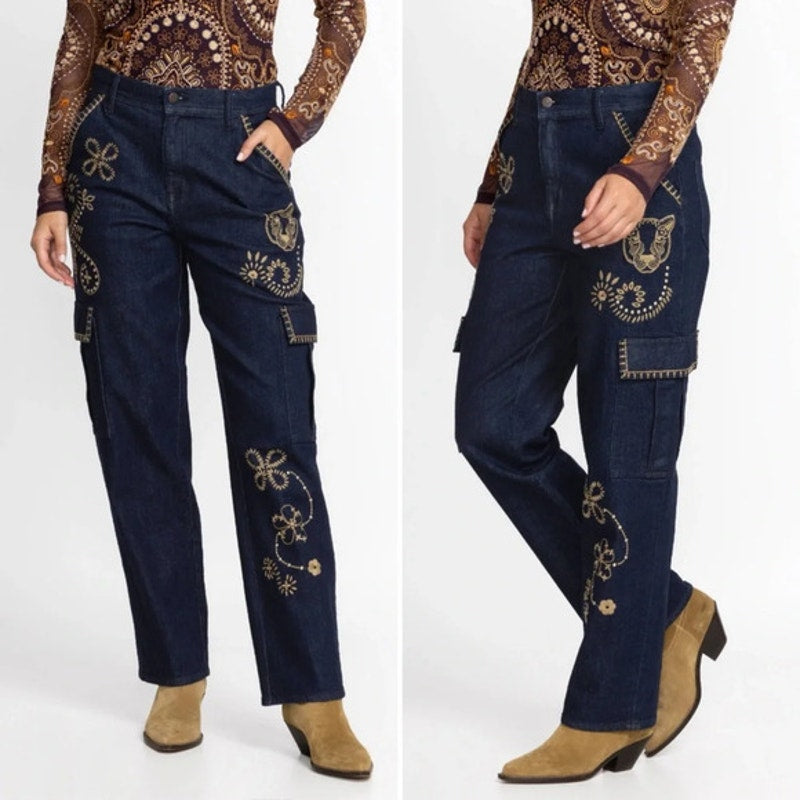 NWT Johnny Was Embroidered Pants Size 25 Boho Floral Artisan Straight Leg Cotton