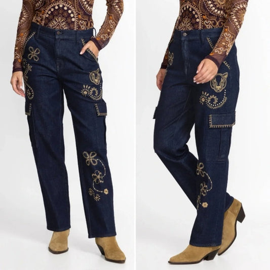 NWT Johnny Was Embroidered Pants Size 25 Boho Floral Artisan Straight Leg Cotton