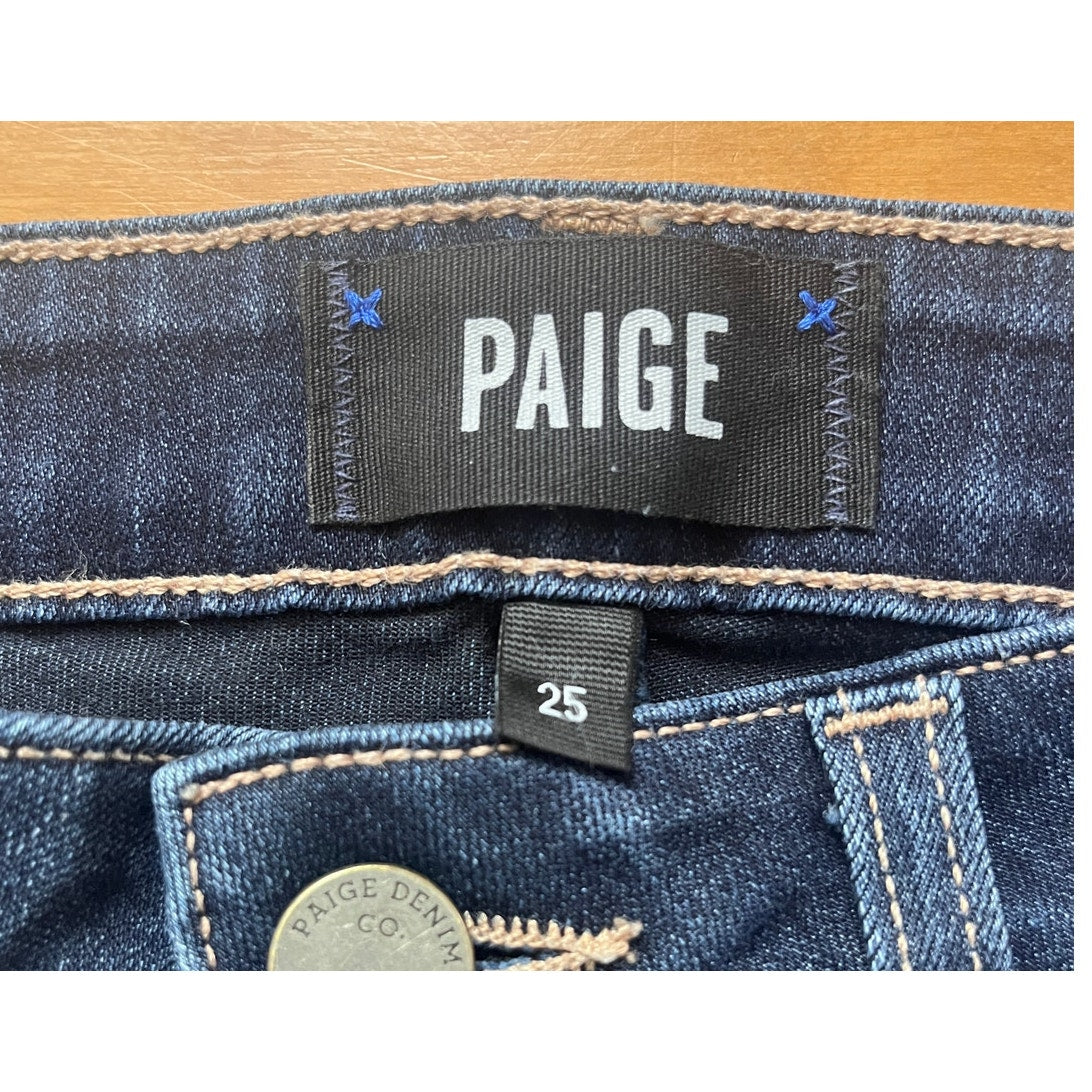 PAIGE High Rise Manhattan Bootcut Jeans Dark Wash Frayed Hem 25 EUC