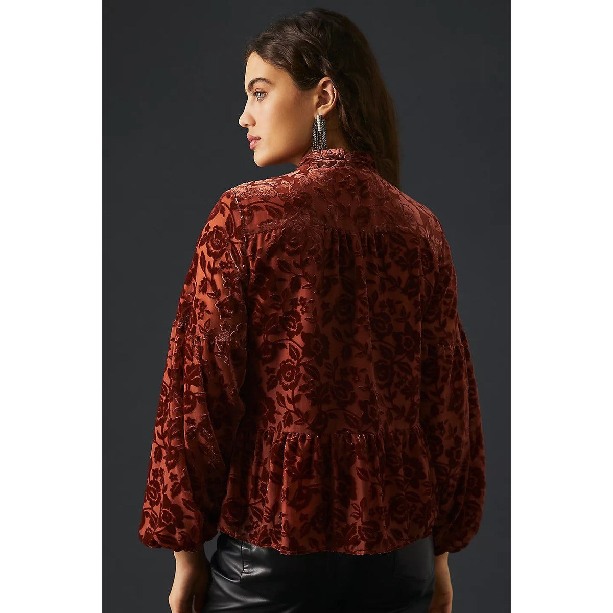 By Anthropologie Velvet Burnout Tie Neck Blouse Rust Copper Floral Peplum Med