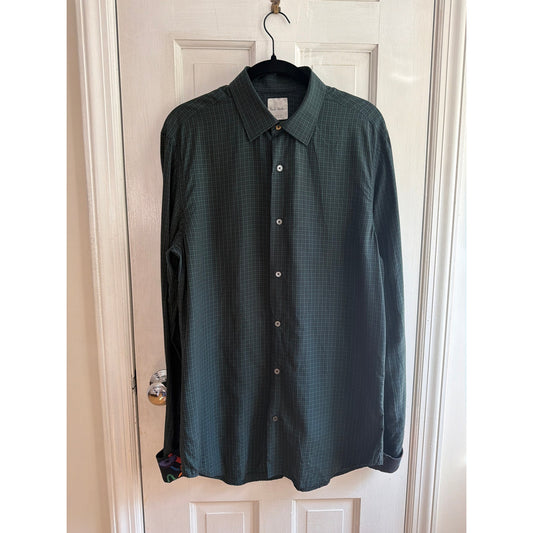 Paul Smith  XL 16" Dark Green Plaid Flip-Cuff Button Up