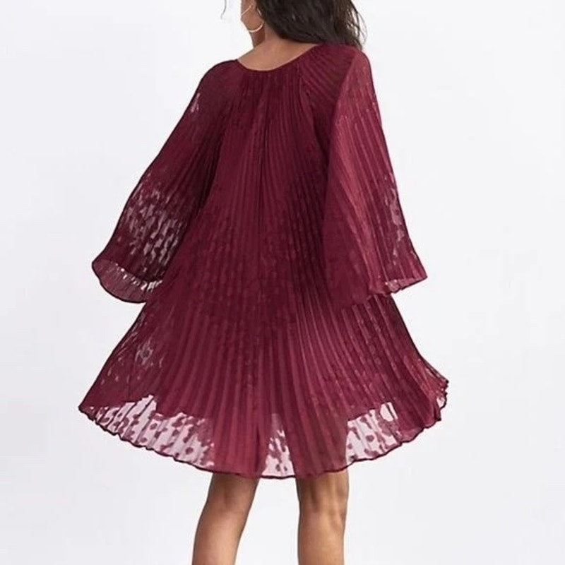 Anthropologie Toulon Pleated Bell Sleeve Mini Dress Small - Burgundy Boho EUC