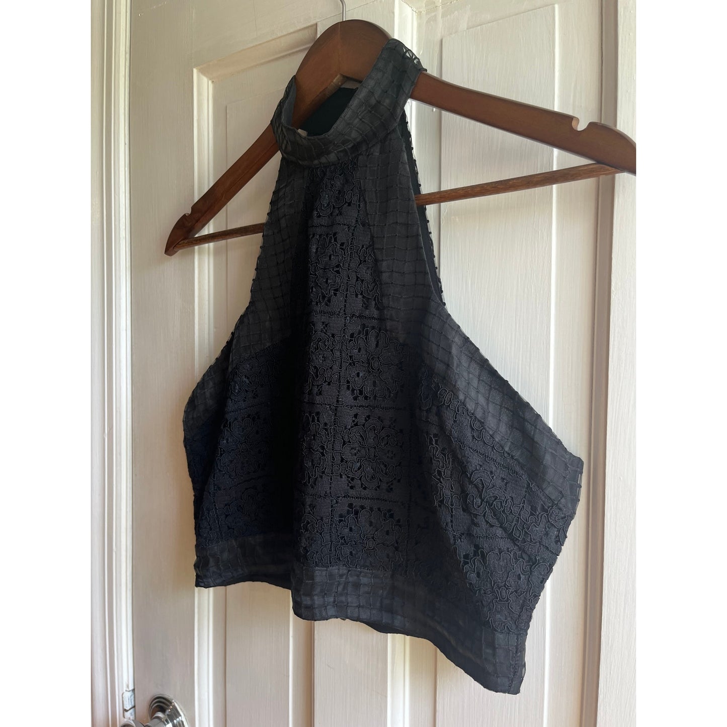 🖤 ALEXIS Janek Black Lace Mesh Crop Halter Top High Neck Size Medium