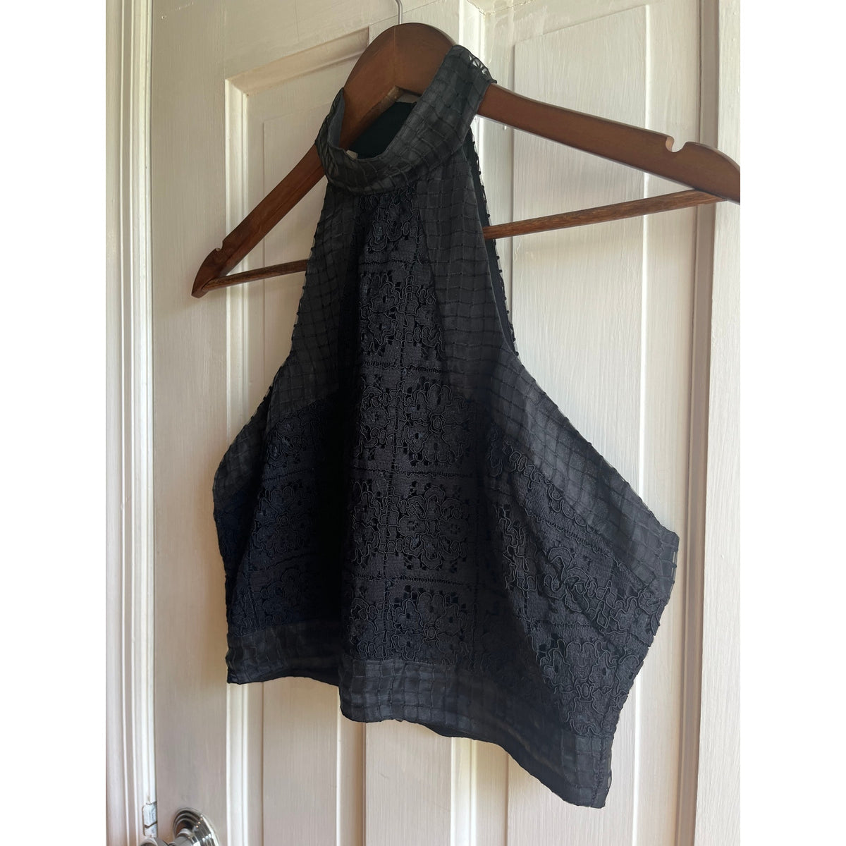 🖤 ALEXIS Janek Black Lace Mesh Crop Halter Top High Neck Size Medium