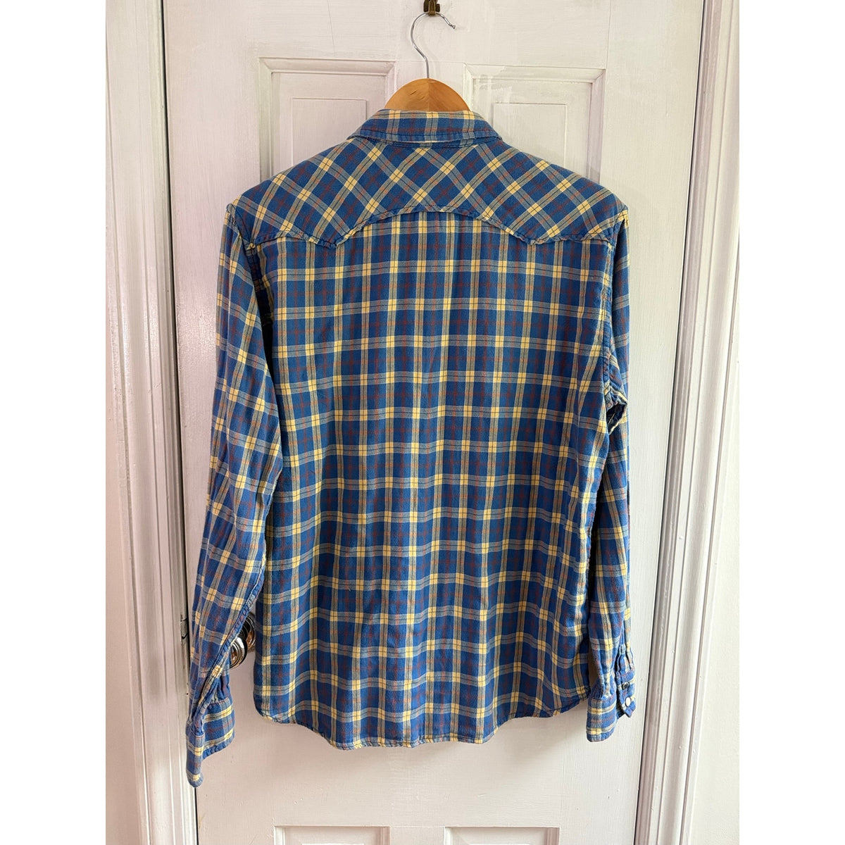 Lucky Brand Mens Medium Pearl Snap Western Plaid Shirt Blue Yellow Classic Fit M