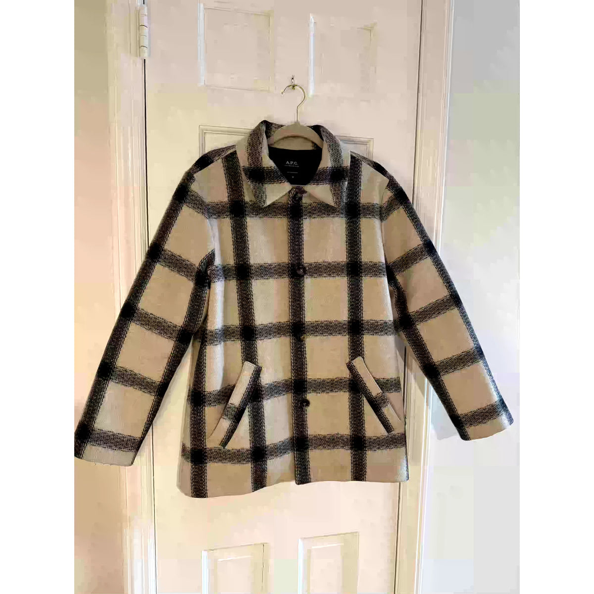 A.P.C. Black & White Men's Houndstooth Wool Coat Medium