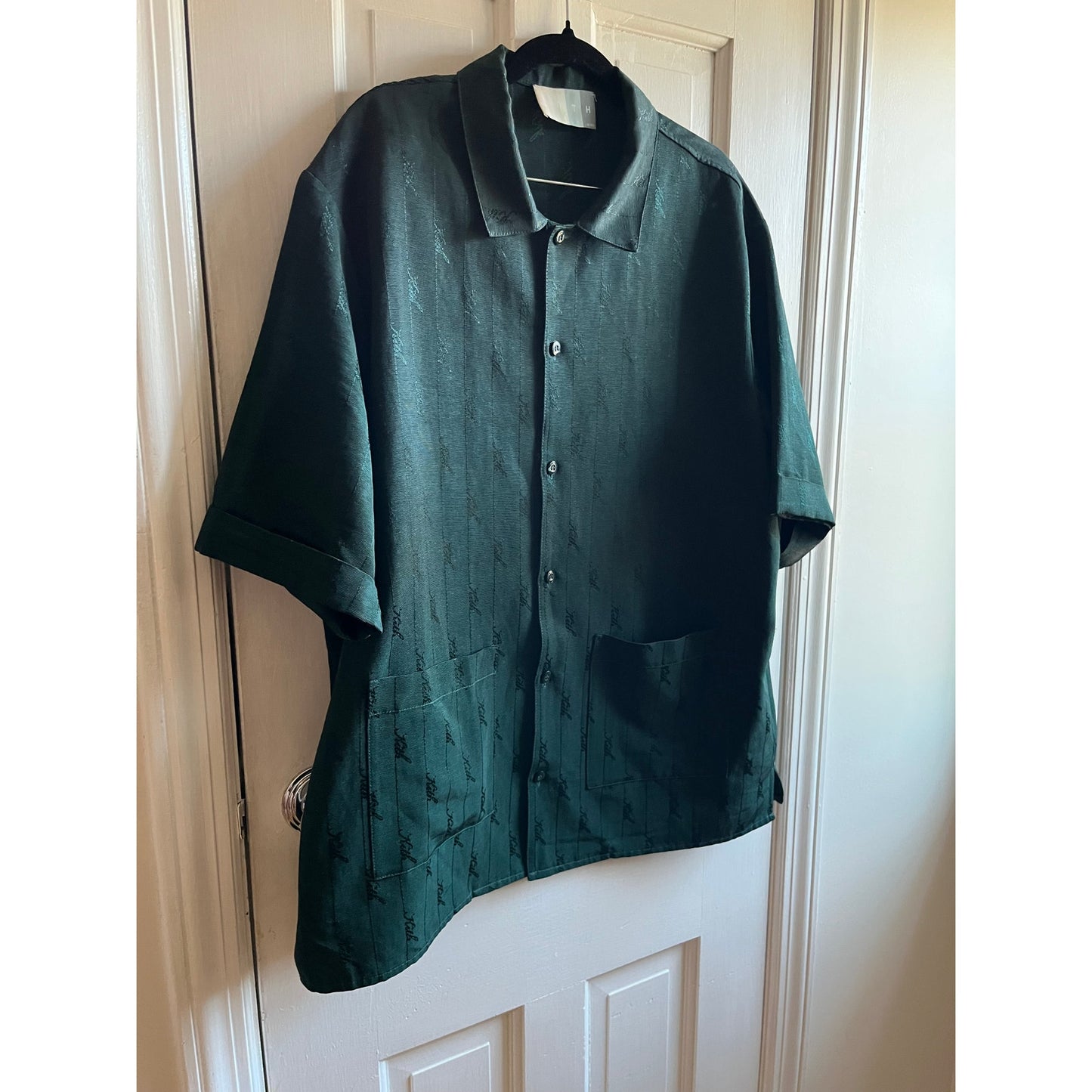 KITH Monogram Script Logo Button Up Shirt | Dark Green Cotton Viscose | Medium