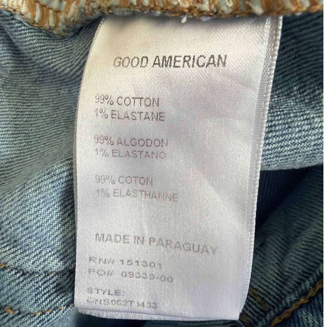 Good American Size 12 /31 High Rise Distressed Hem Light Wash Jean Shorts
