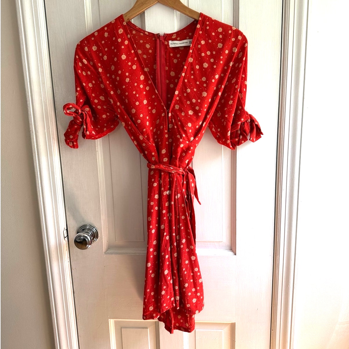 Faithfull The Brand Red Polka Dot Midi Dress Short Sleeve Belted Size 4 US EUC