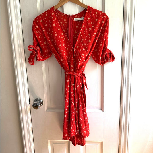 Faithfull The Brand Red Polka Dot Midi Dress Short Sleeve Belted Size 4 US EUC