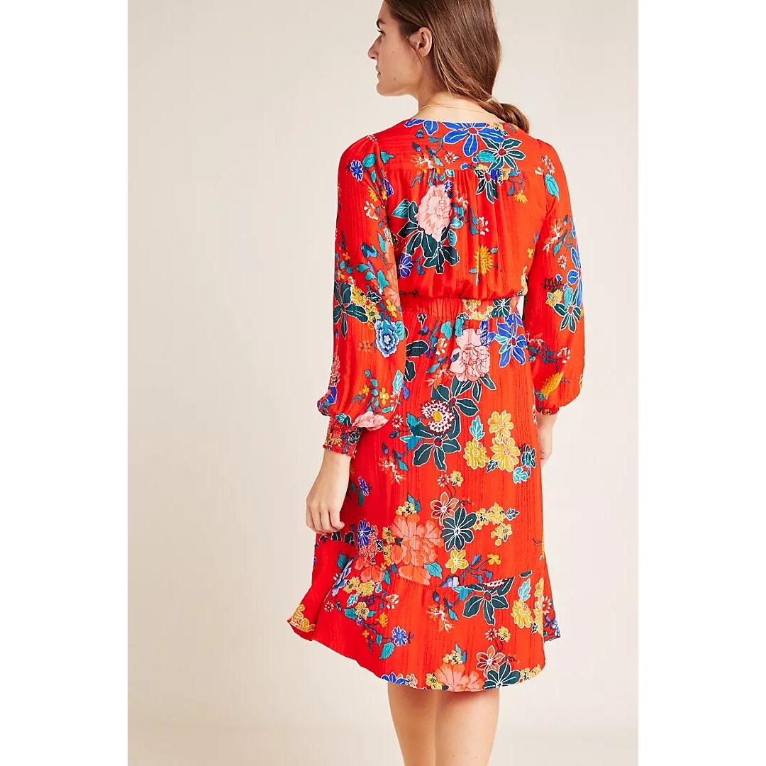 Anthropologie Boswell Textured Faux Wrap Floral Tunic Midi Dress Red 12P EUC