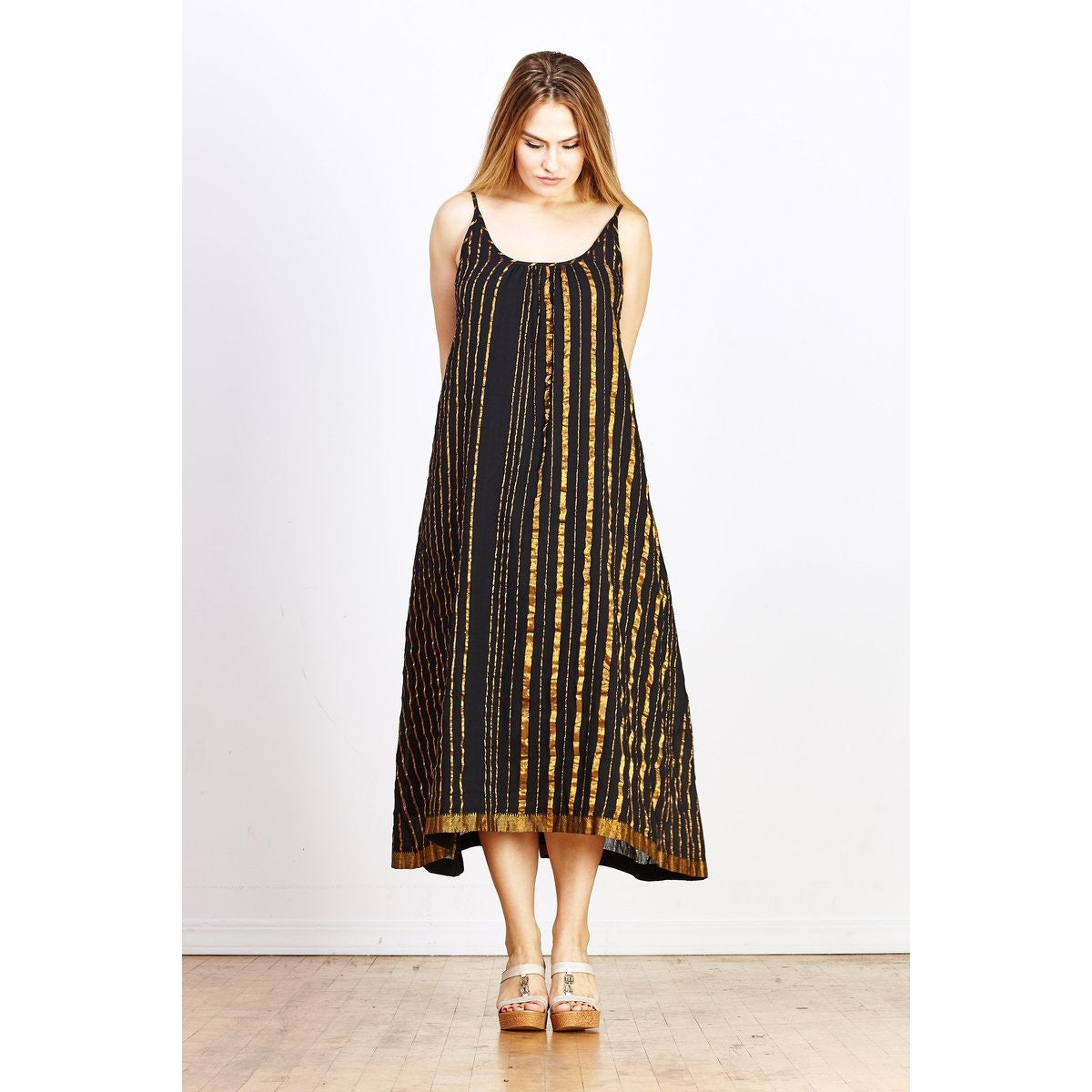 Aish Sultan Black & Gold Striped Slip Dress Maxi One Size OS Boho Luxury Lagenlook