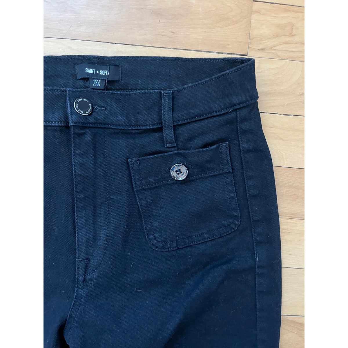 Saint + Sofia Bowie Stretch Flare Jeans Black NWT Sz 4 Short High Rise Retro 70s