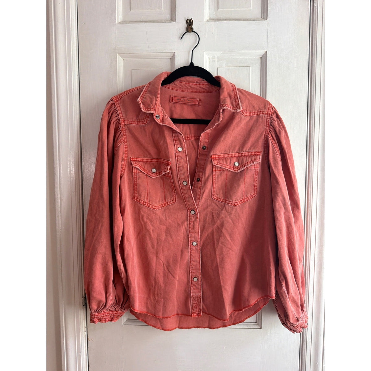 We The Free (Free People) Puff-Sleeve Denim Shirt - Size S Coral Pink