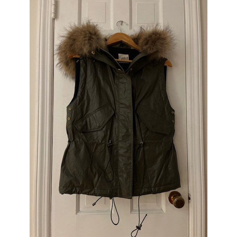 SAM NY Raccoon Fur Hood, Khaki Wax Vest Small