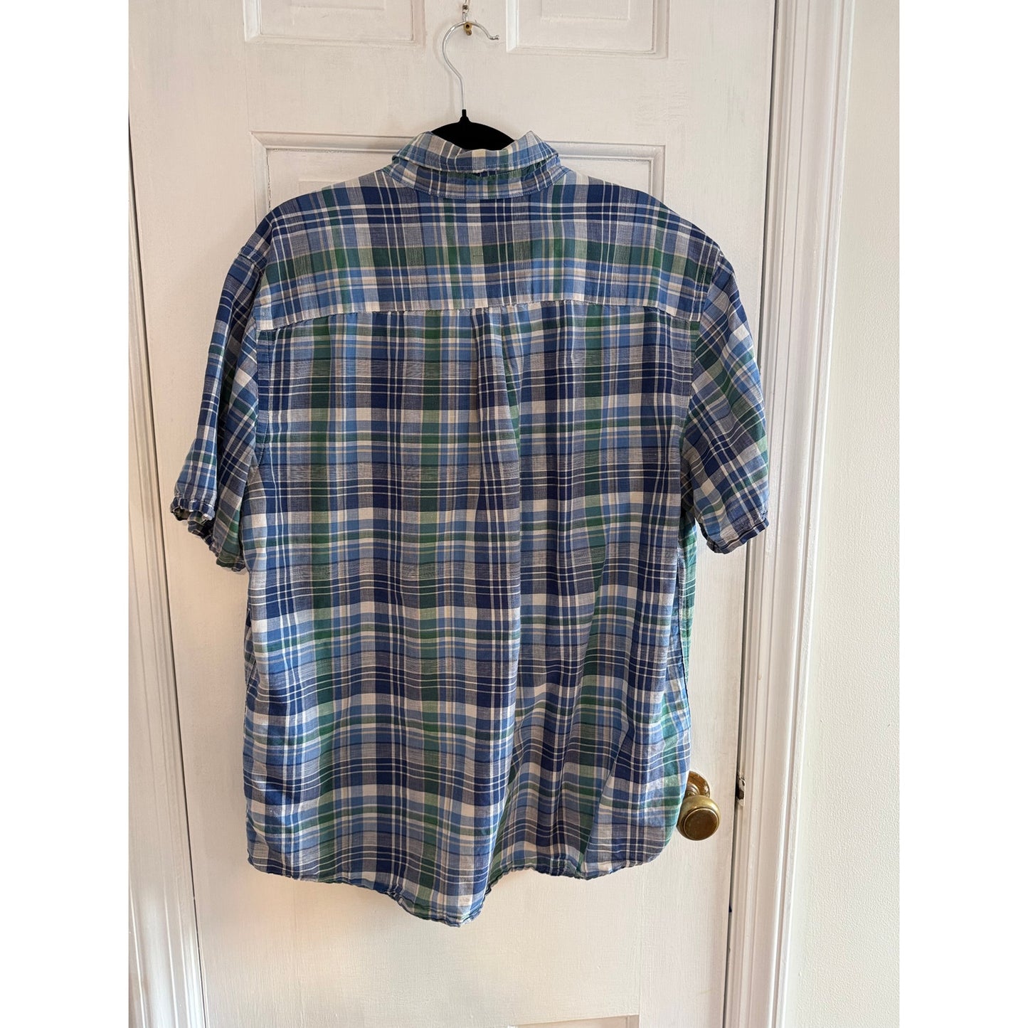 Chaps Short Sleeve Linen Cotton Button Down Blue/White Lg