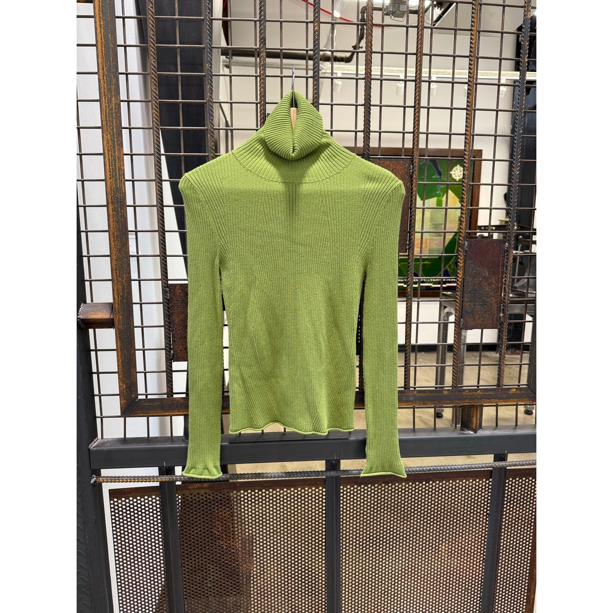 Maeve Anthropologie Ribbed Turtleneck Sweater Chartreuse Green Slit Cuff XS Extra