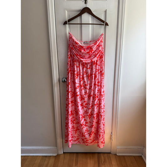 Grace Karin Strapless Ruched Maxi Dress XL Pink Red Floral Pockets Summer NWT