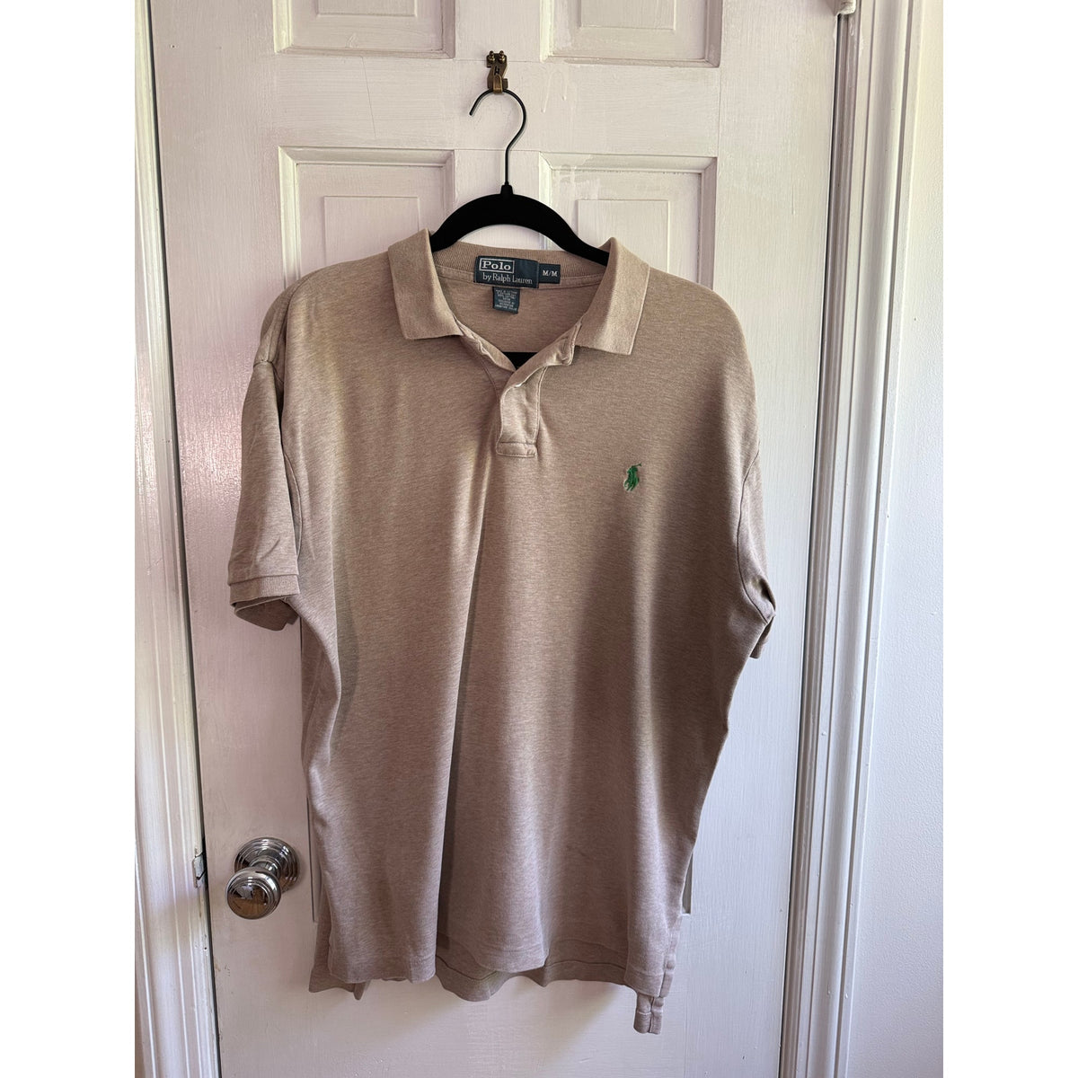 Vintage Polo Ralph Lauren Beige Mesh Polo Shirt Men's Medium EUC Green Pony
