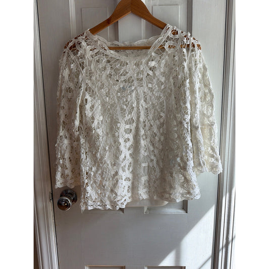 J.McLaughlin Womens Small White Crochet Cutout Lace Top Bell Sleeve Lined Blouse