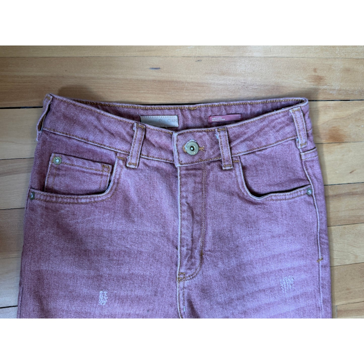 Anthropologie Pilcro The Vintage Straight Jeans 25 Red Rust Pink Distressed Cut