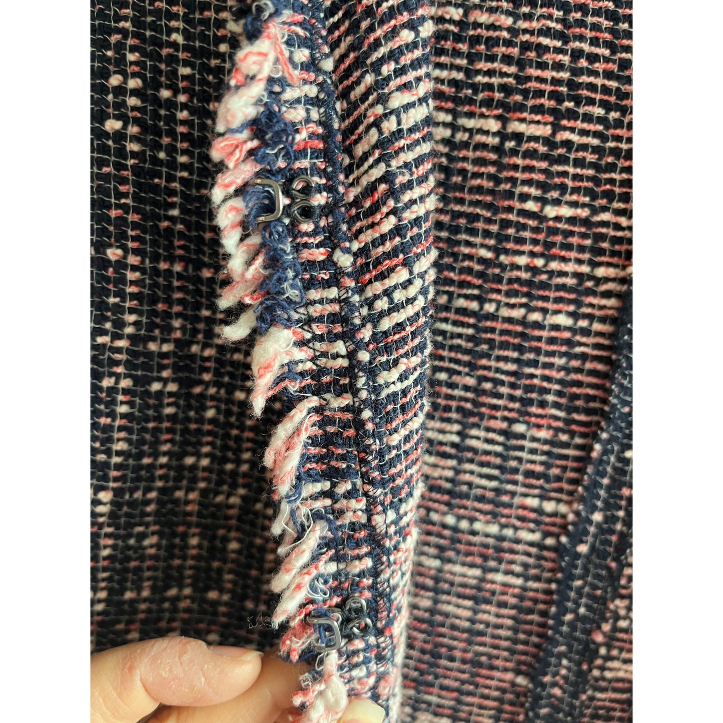 REBECCA TAYLOR Navy Blue Pink Tweed Cropped Blazer Frayed Fringe Trim | US 2