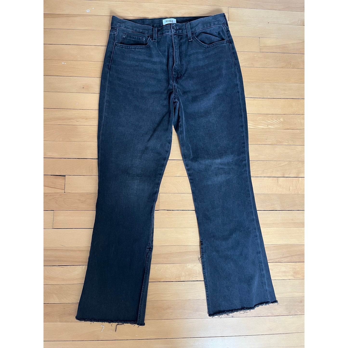 Pistola Charlie High Rise Wide Leg Jeans Distressed Black Slit Hem 30