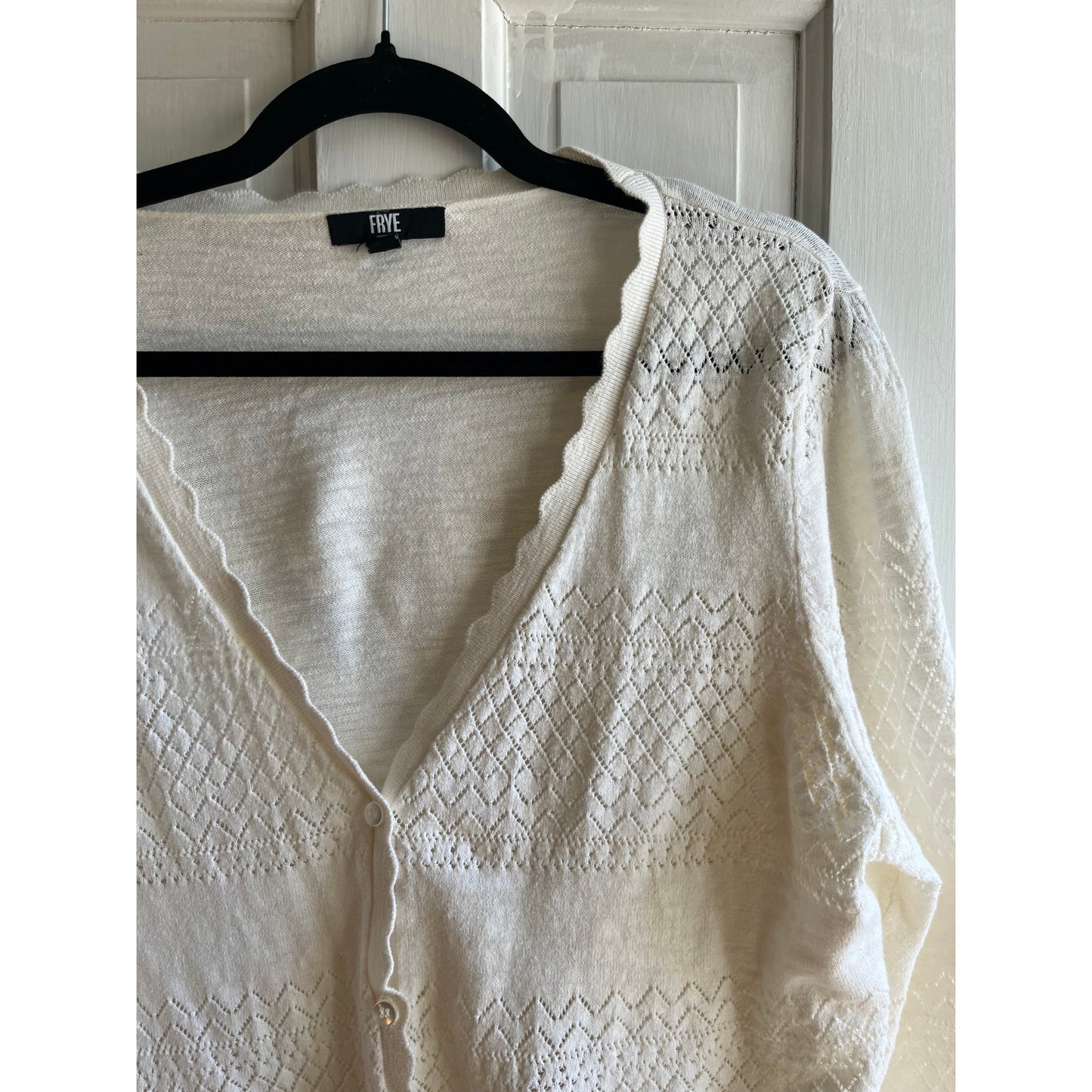 Frye Cream White Pointelle Knit Cardigan - 100% Cotton Scalloped V-Neck Sweater - Sz L/XL