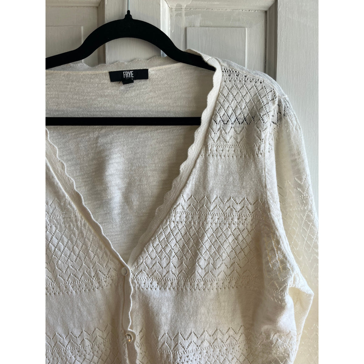 Frye Cream White Pointelle Knit Cardigan - 100% Cotton Scalloped V-Neck Sweater - Sz L/XL