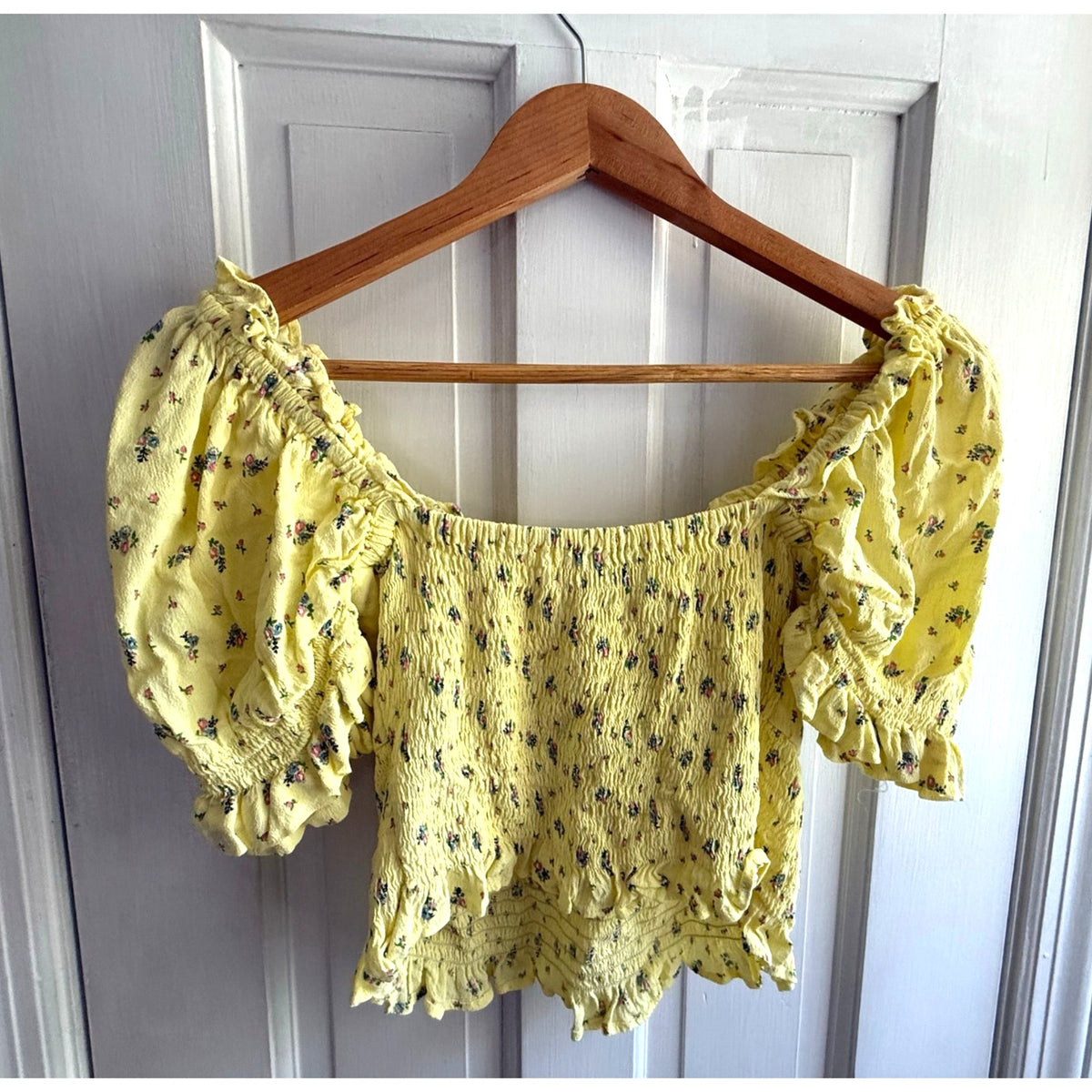 Faithfull the Brand Yellow Floral Puff Sleeve Off-the-Shoulder Top - Size 6