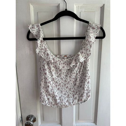 Free People Stay With You Ruffled Satin Crop Top White Floral XS EUC
