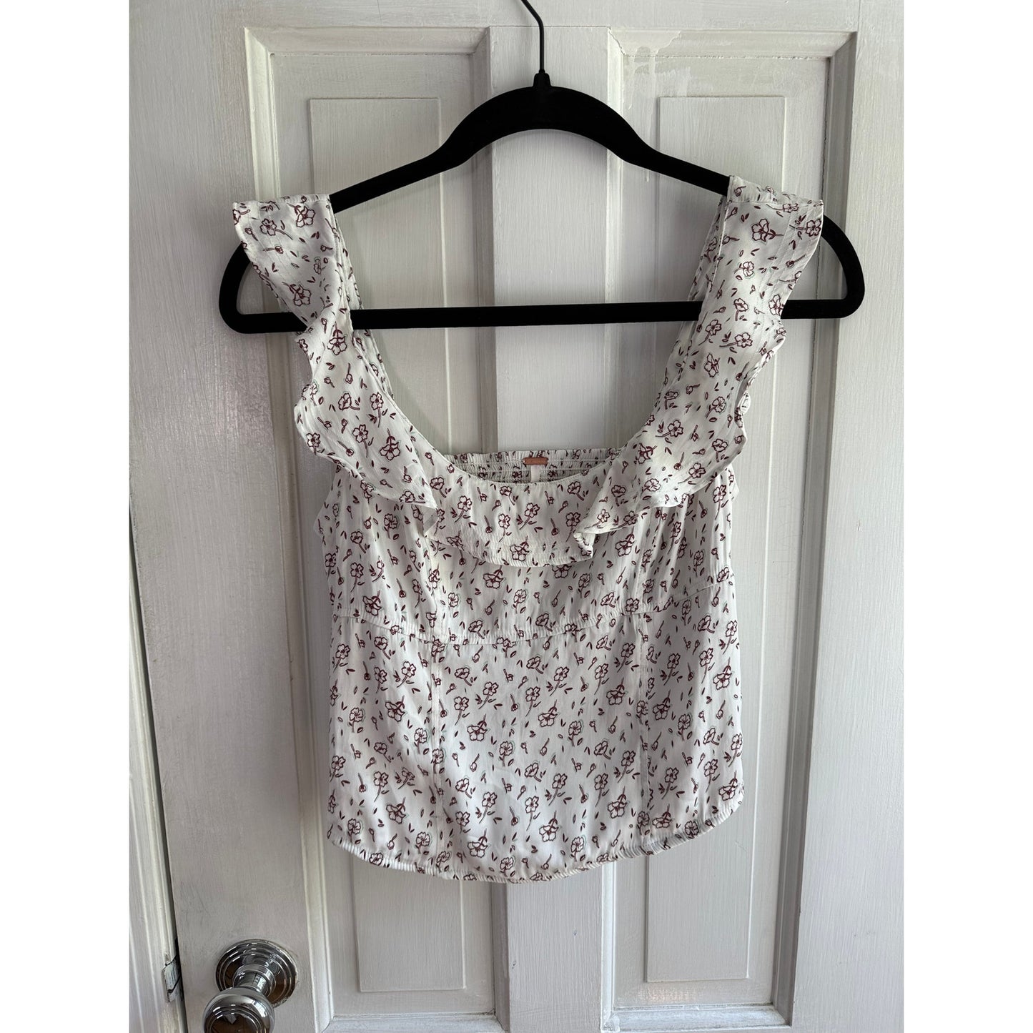 Free People Stay With You Ruffled Satin Crop Top White Floral XS EUC
