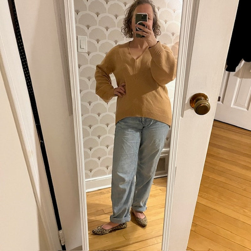 Tibi Merino Wool Blend V-neck Puff Sleeve Camel Sweater - Size Small