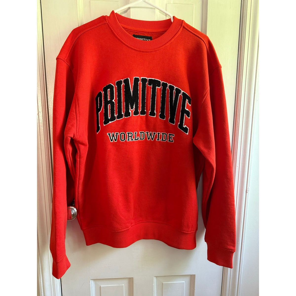 Primitive Worldwide Orange Sweatshirt Crewneck Mens Large L Collegiate Arch EUC