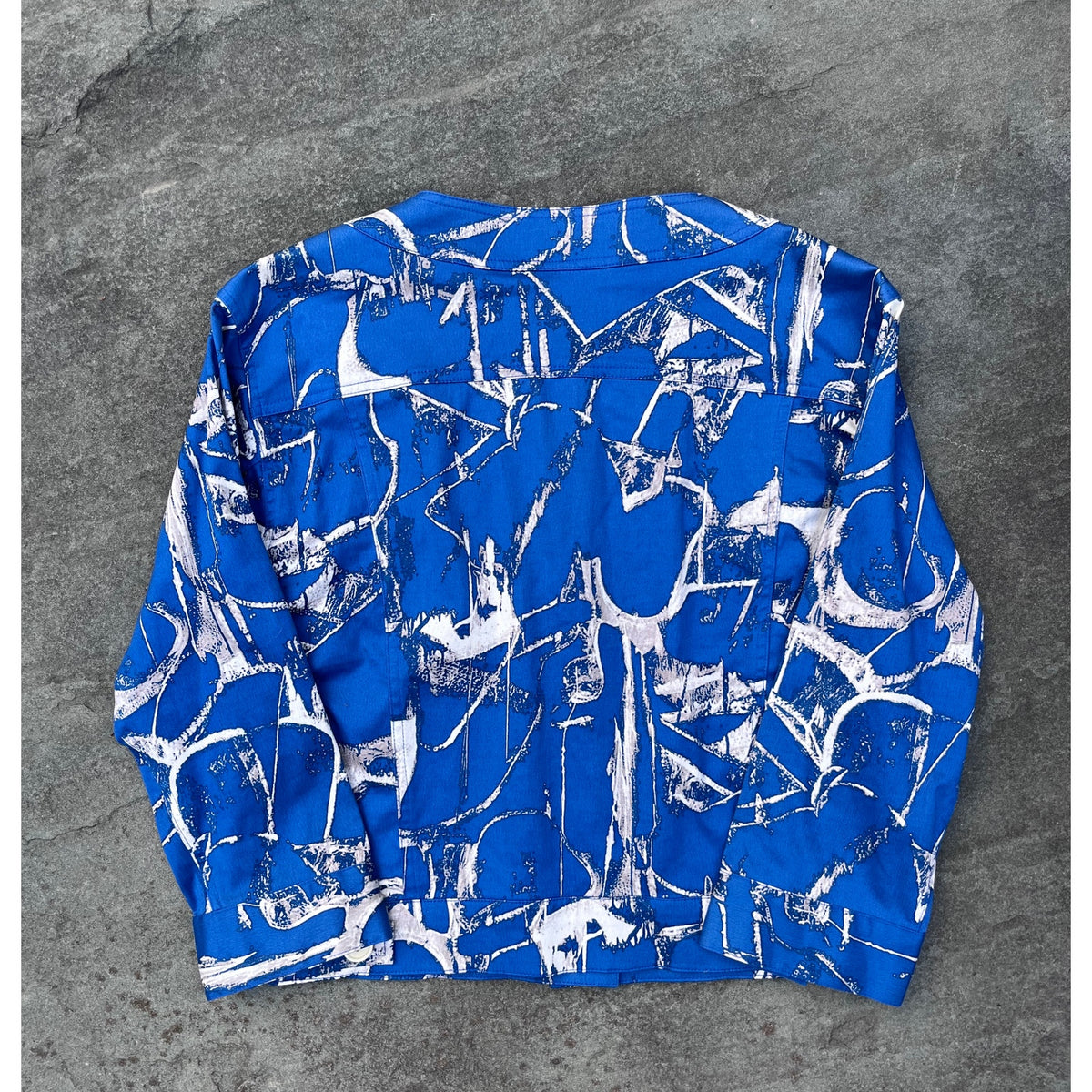 Samantha Sung Hand Printed Bali Cropped Jacket Blue White Abstract Cotton Size 6