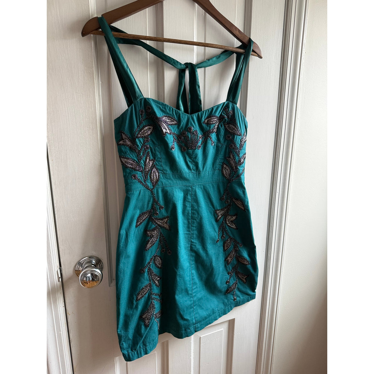 Free People "Ocean" Teal Beaded Mini Dress - Black Floral Embroidery EUC Size 2