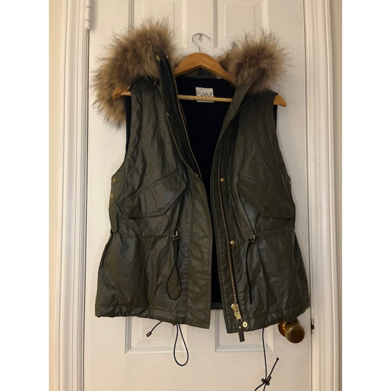 SAM NY Raccoon Fur Hood, Khaki Wax Vest Small