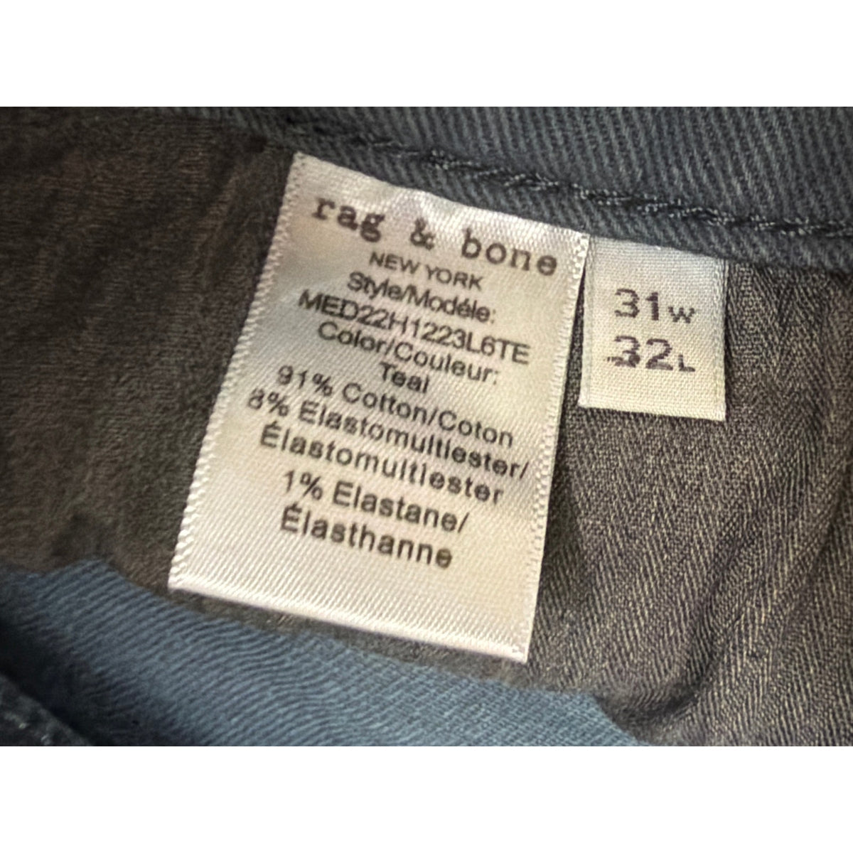 Rag & Bone Size 31x 32L Muted "Teal" Fit High Rise Gray Jeans