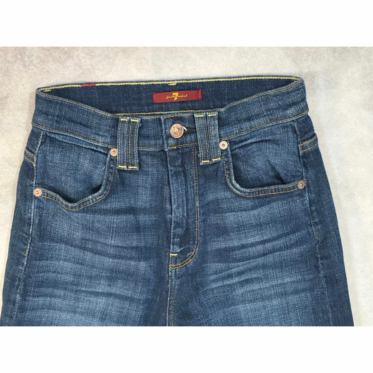 7 For All Mankind High Rise Straight Crop Jeans Size 23 Raw Hem Frayed Indigo Blue