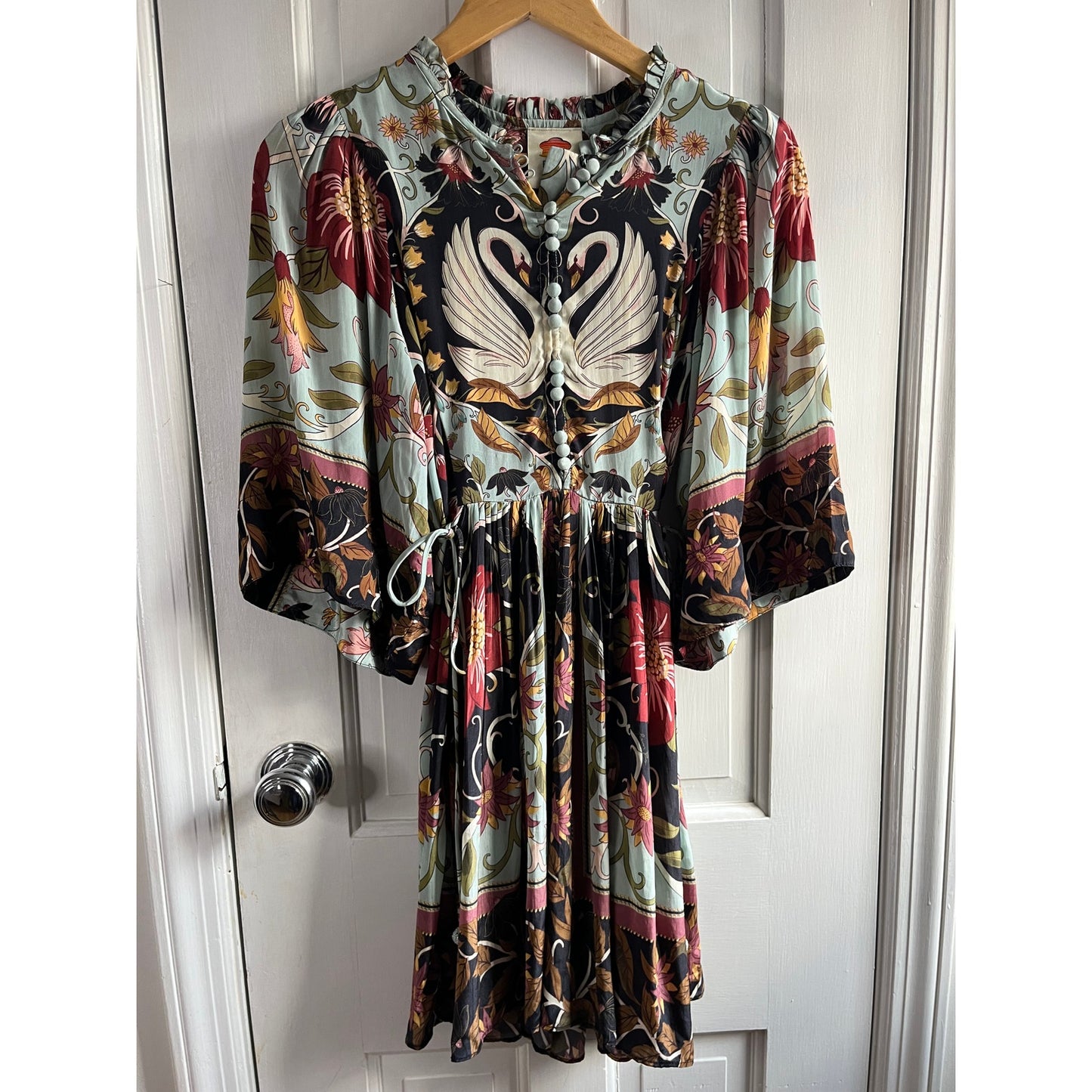 FARM Rio Blue Flowing Beauty Swan Print Mini Dress Short Sleeve Sz XXS