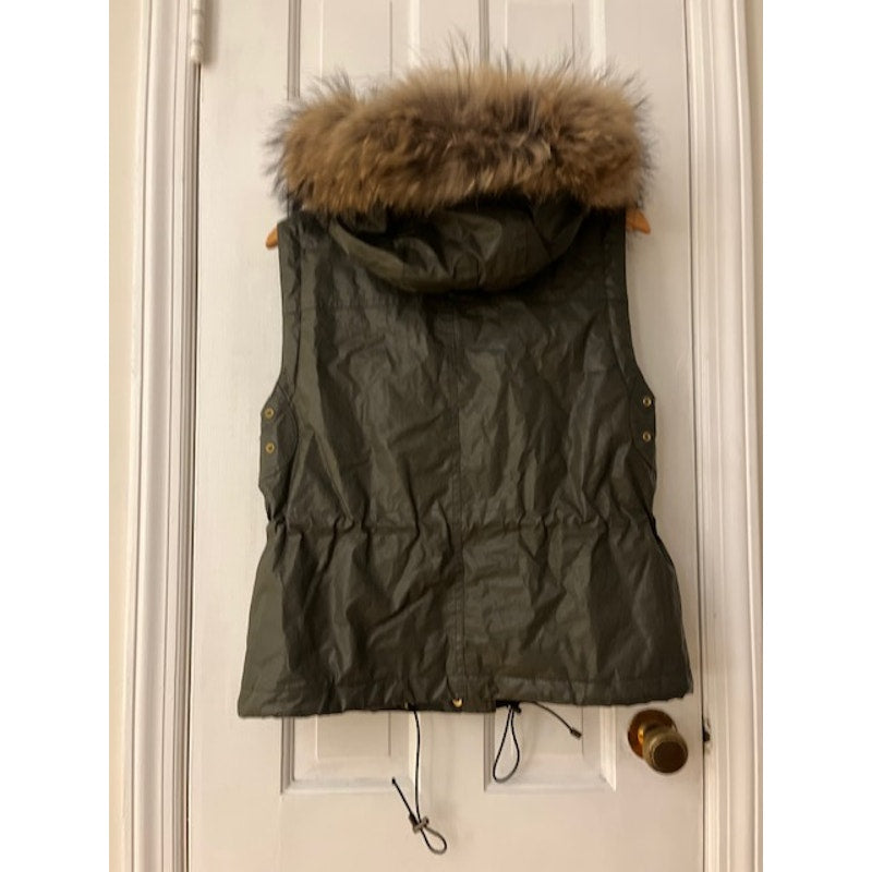 SAM NY Raccoon Fur Hood, Khaki Wax Vest Small