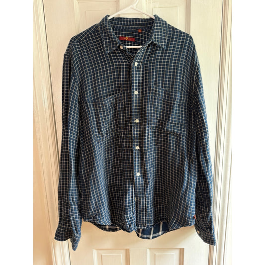 7 For All Mankind Blue Grid Plaid Linen Cotton Button Down Shirt Size L