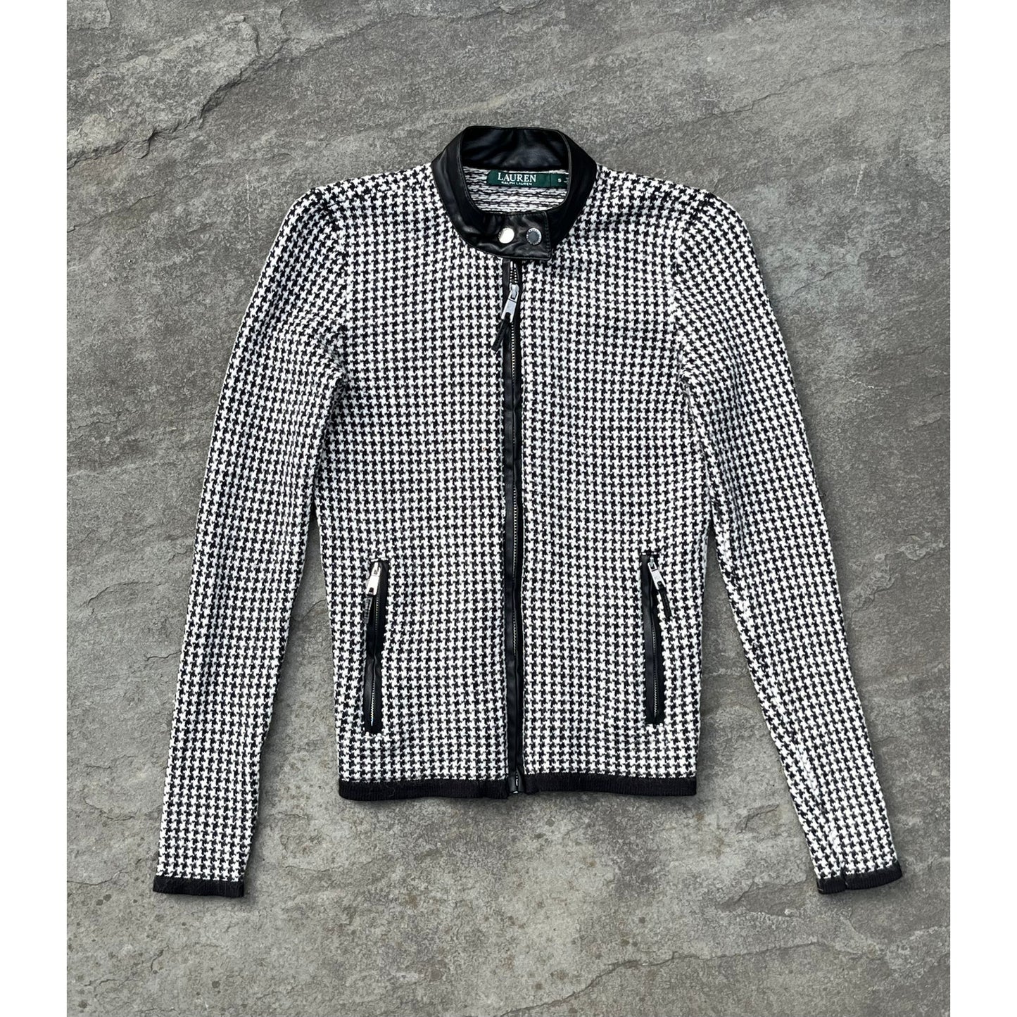 Lauren Ralph Lauren Houndstooth Moto Jacket Small Black White Faux Leather Trim EUC