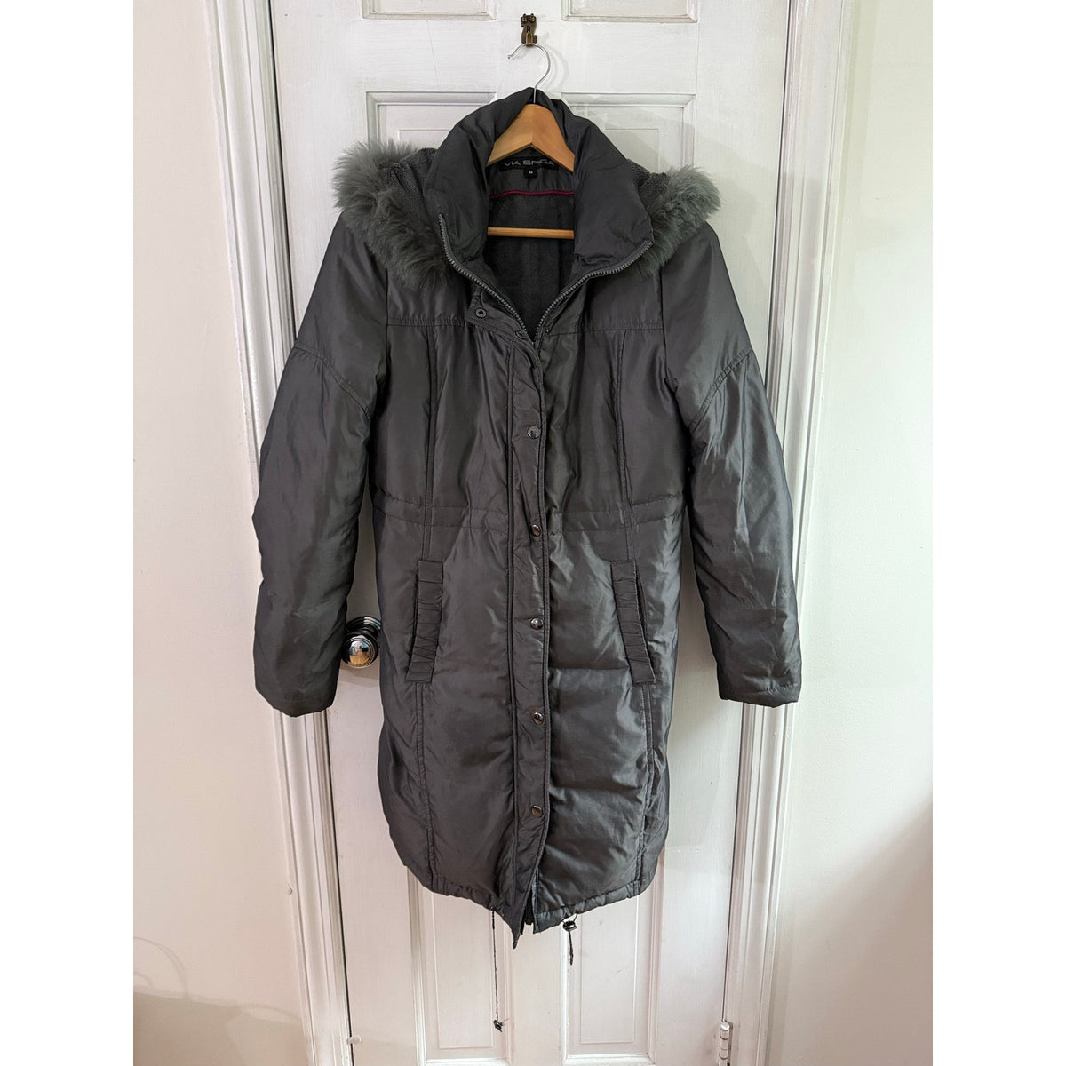 Via Spiga NWT Down Fox Fur Trim Puffer Coat Black Quilted Parka Jacket Women's M