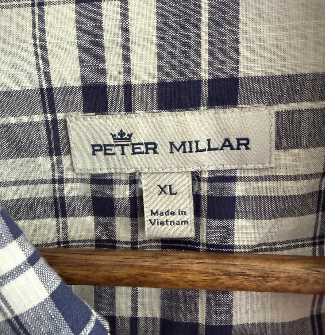 Peter Millar Men's XL Navy Plaid Button Down Shirt Cotton EUC