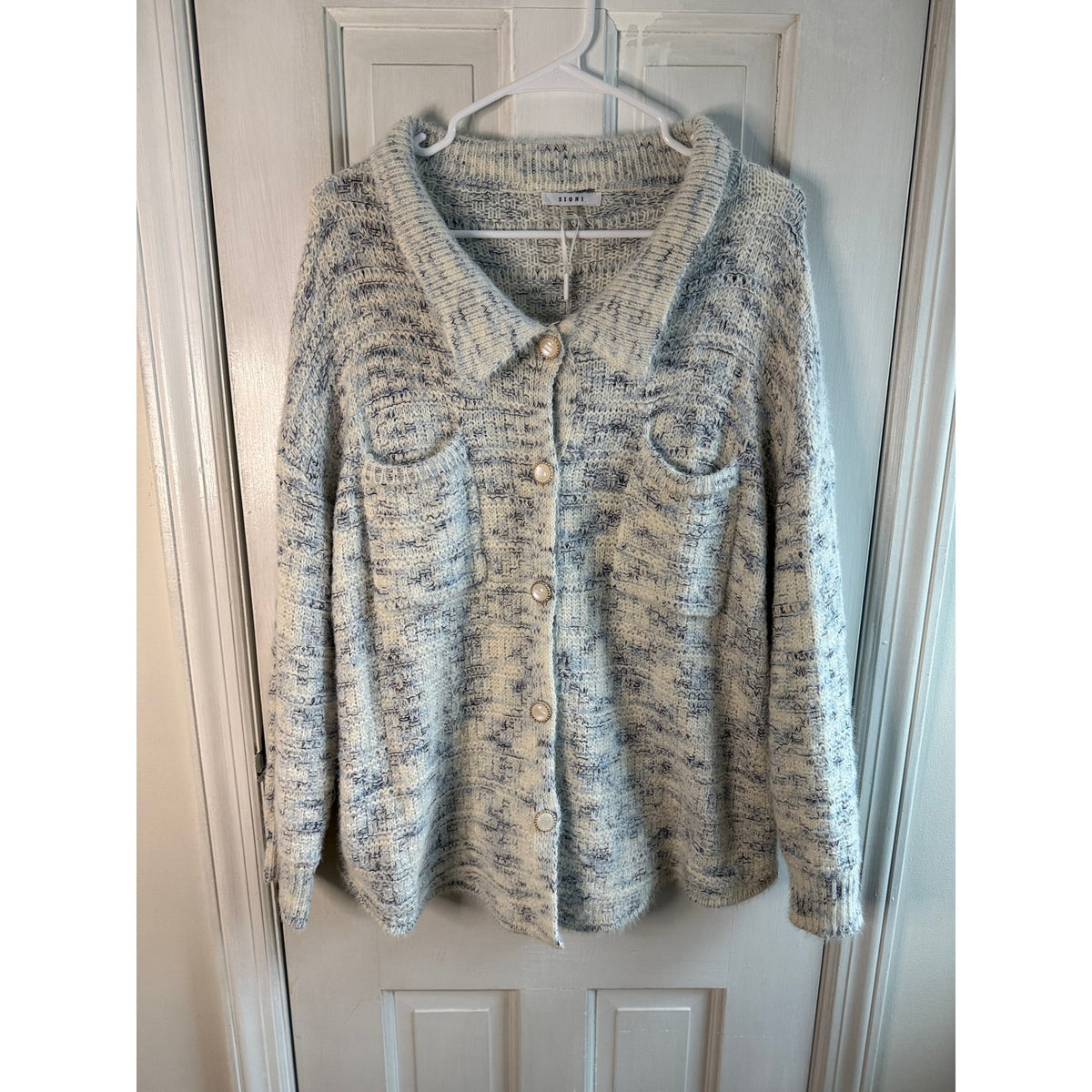 Sioni Blue & White Marled Knit Cardigan - Women’s Large - Excellent Condition