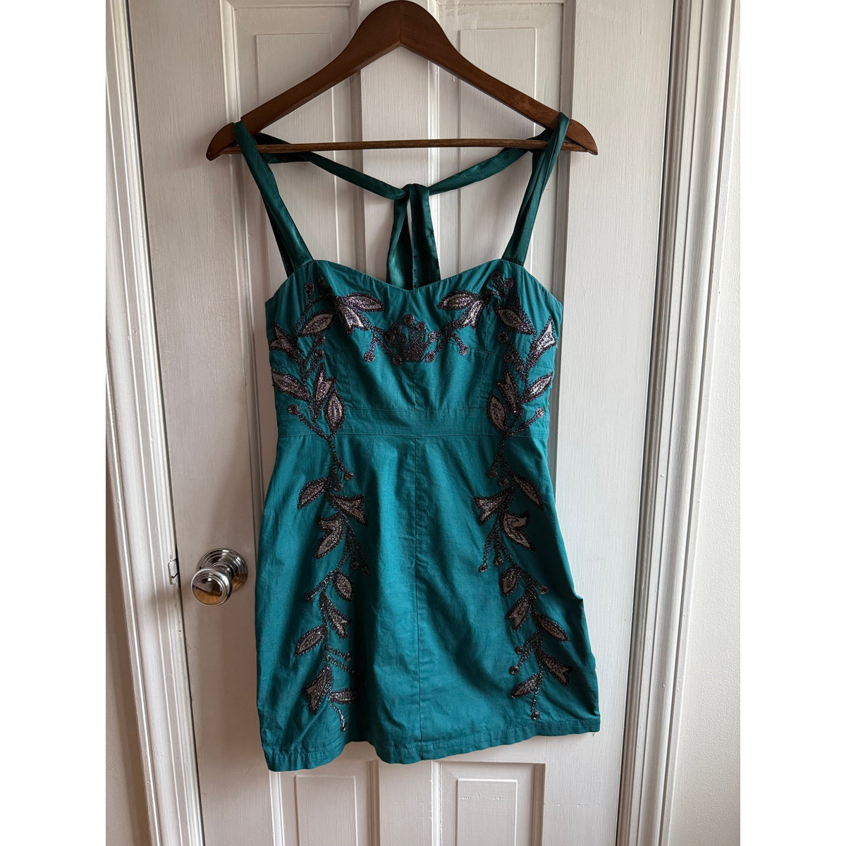 Free People "Ocean" Teal Beaded Mini Dress - Black Floral Embroidery EUC Size 2
