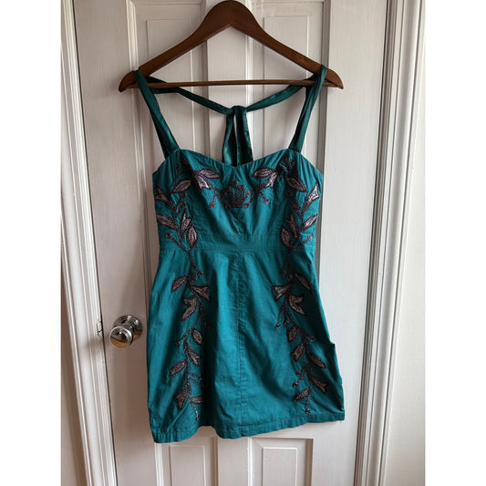 Free People "Ocean" Teal Beaded Mini Dress - Black Floral Embroidery EUC Size 2