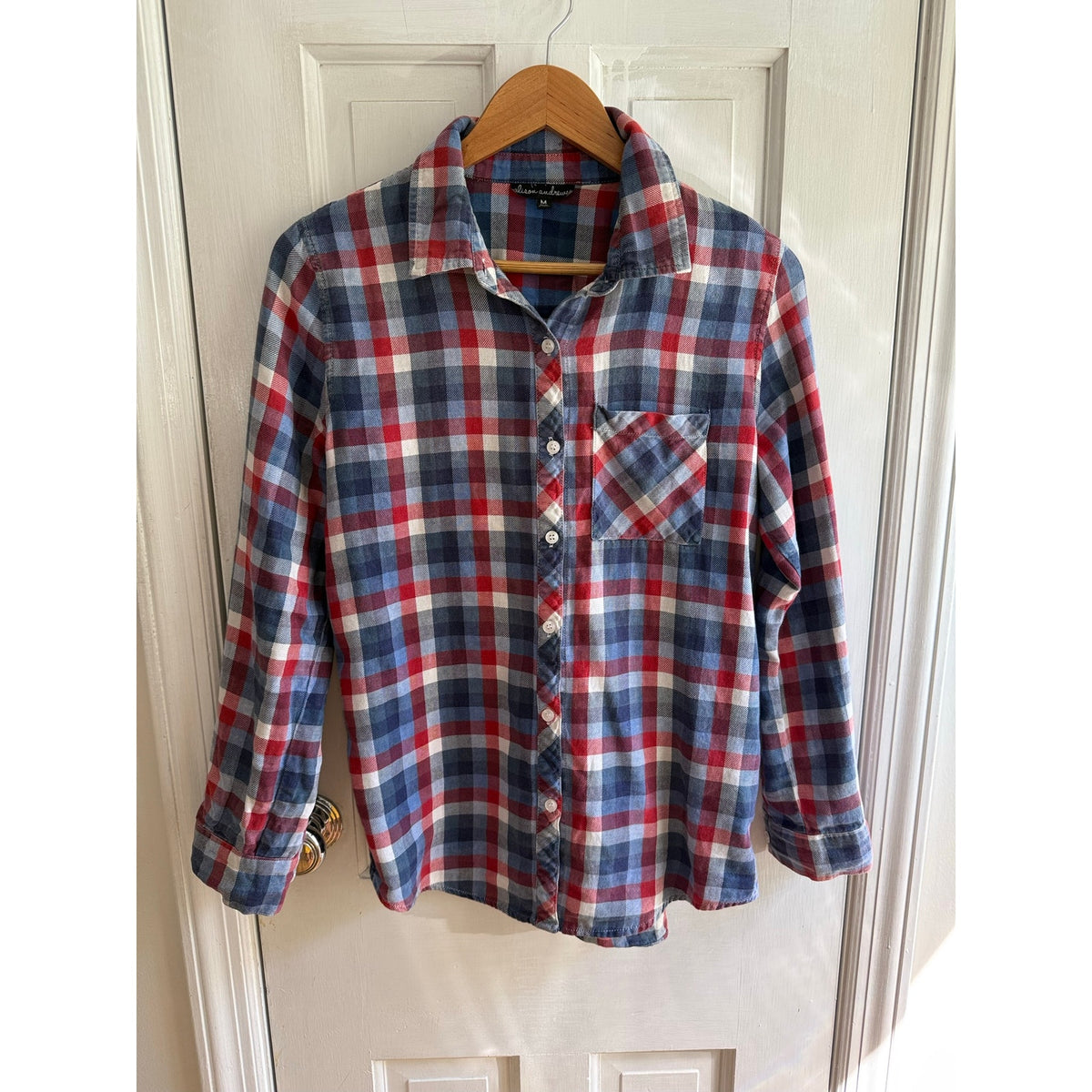 Alison Andrews Red White and Blue Plaid Shirt Size Medium EUC