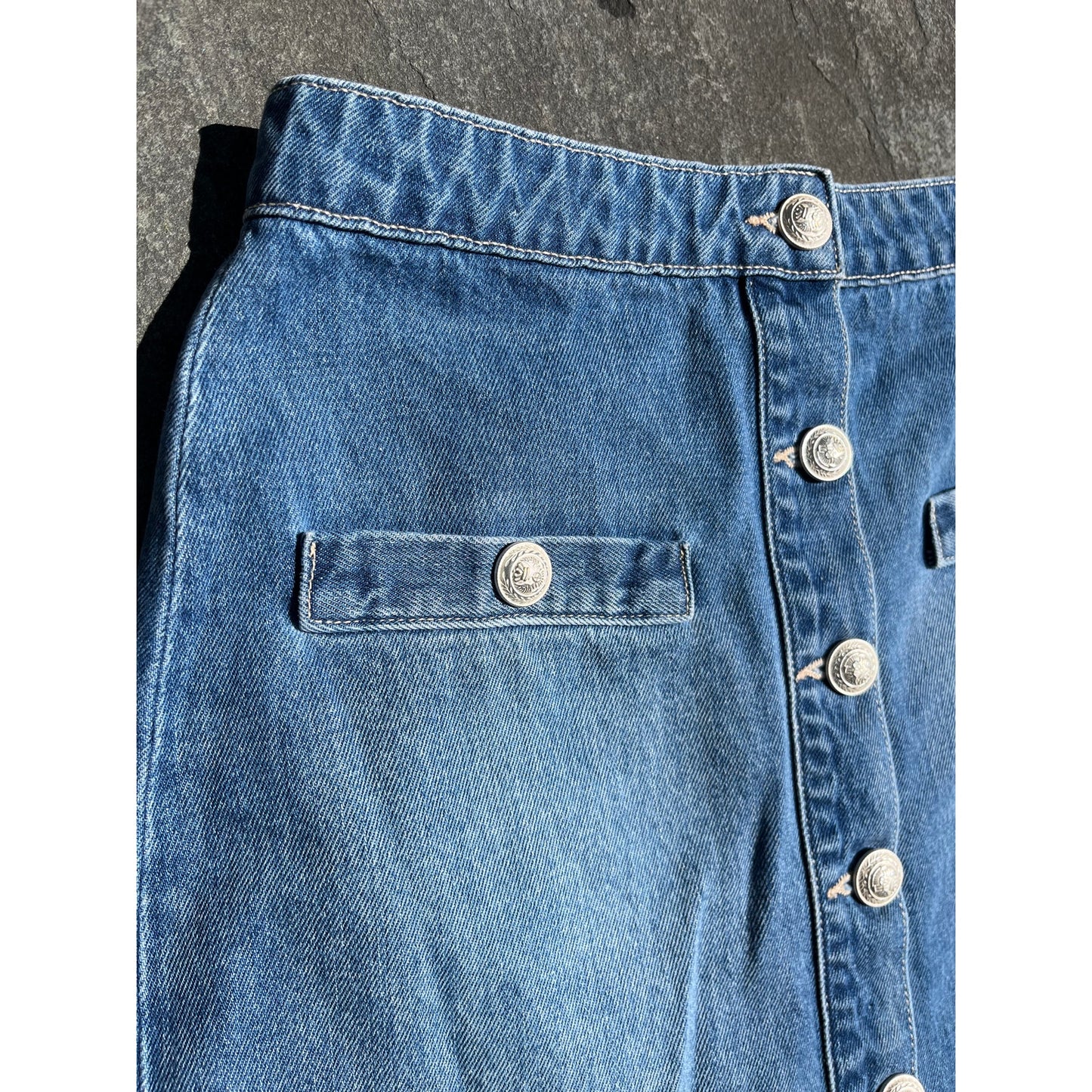 L'Agence Kris Denim Mini Skirt Silver Button Front High Rise Sz 25 Sold Out